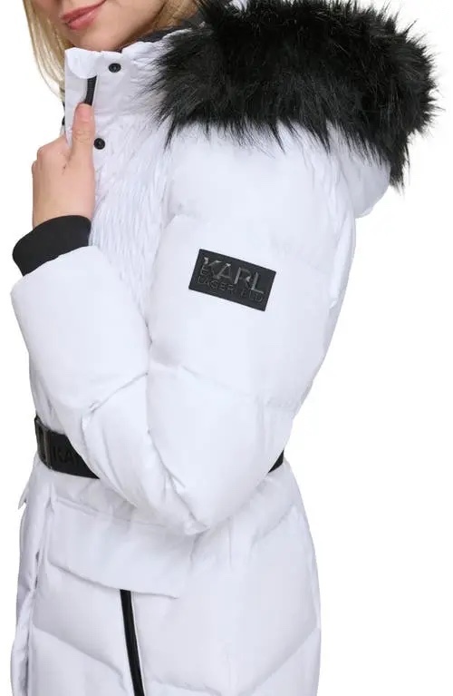 Áo khoác phao Karl trắng có mũ + belt - LWEMP917