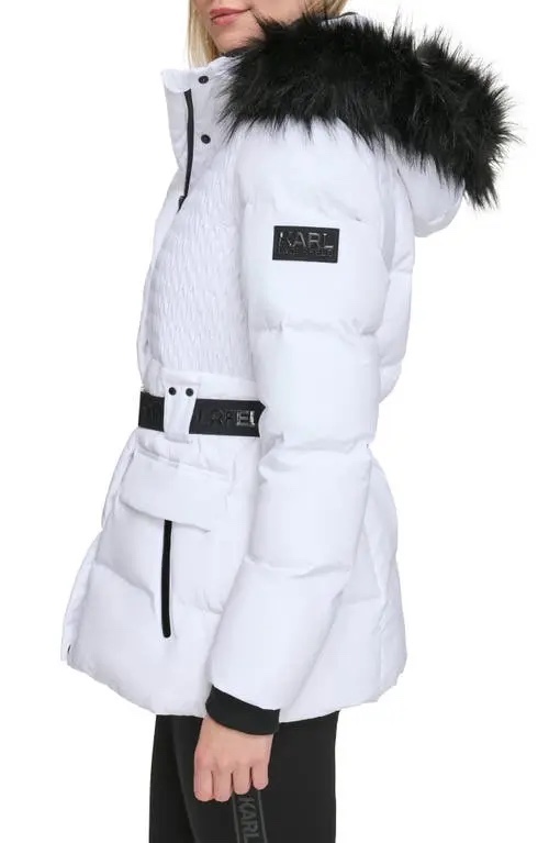 Áo khoác phao Karl trắng có mũ + belt - LWEMP917