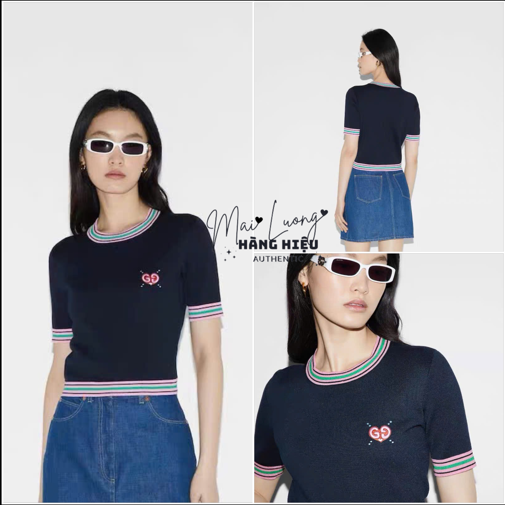 Áo len GG xanh navy nền hồng logo thêu - SNV - 782254