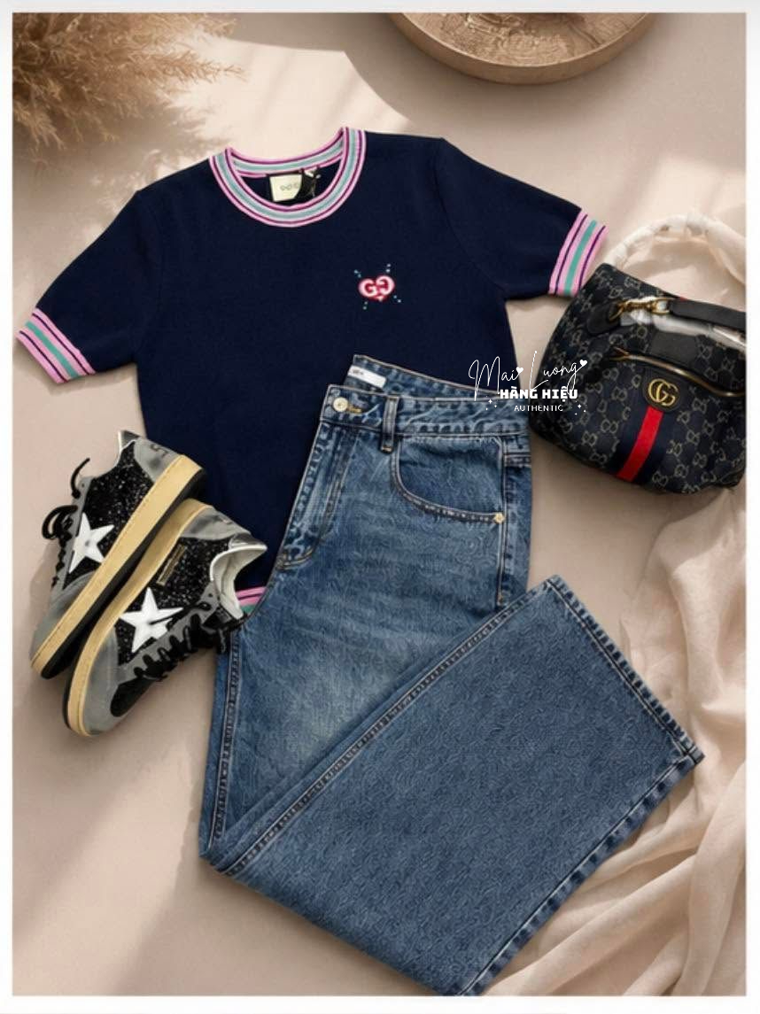 Áo len GG xanh navy nền hồng logo thêu - SNV - 782254