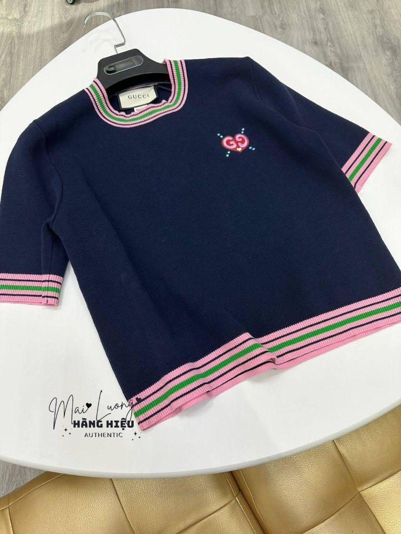 Áo len GG xanh navy nền hồng logo thêu - SNV - 782254