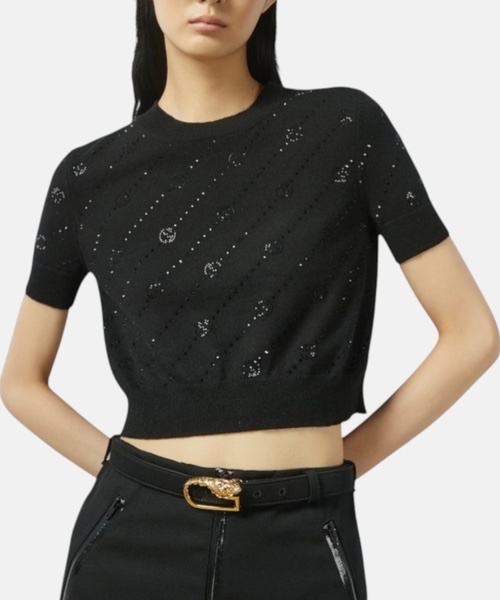 Áo len cashmere GG đen logo đính đá - SNV - 773399