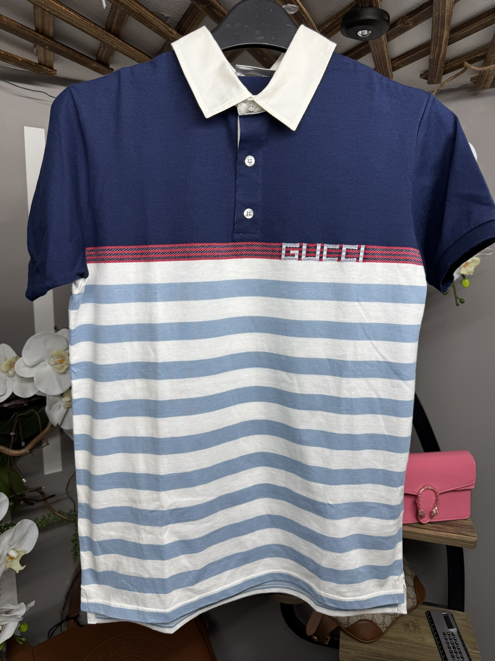 Áo polo GG kid kẻ xanh trắng- 8100991