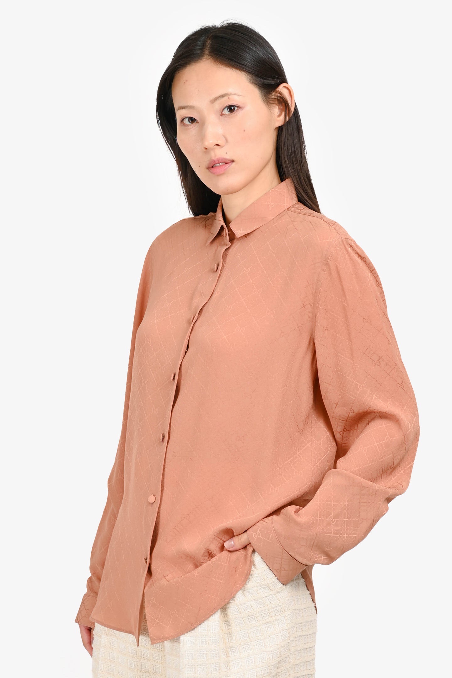 Áo sơ mi lụa GG hồng đất full logo - SNV - 622196