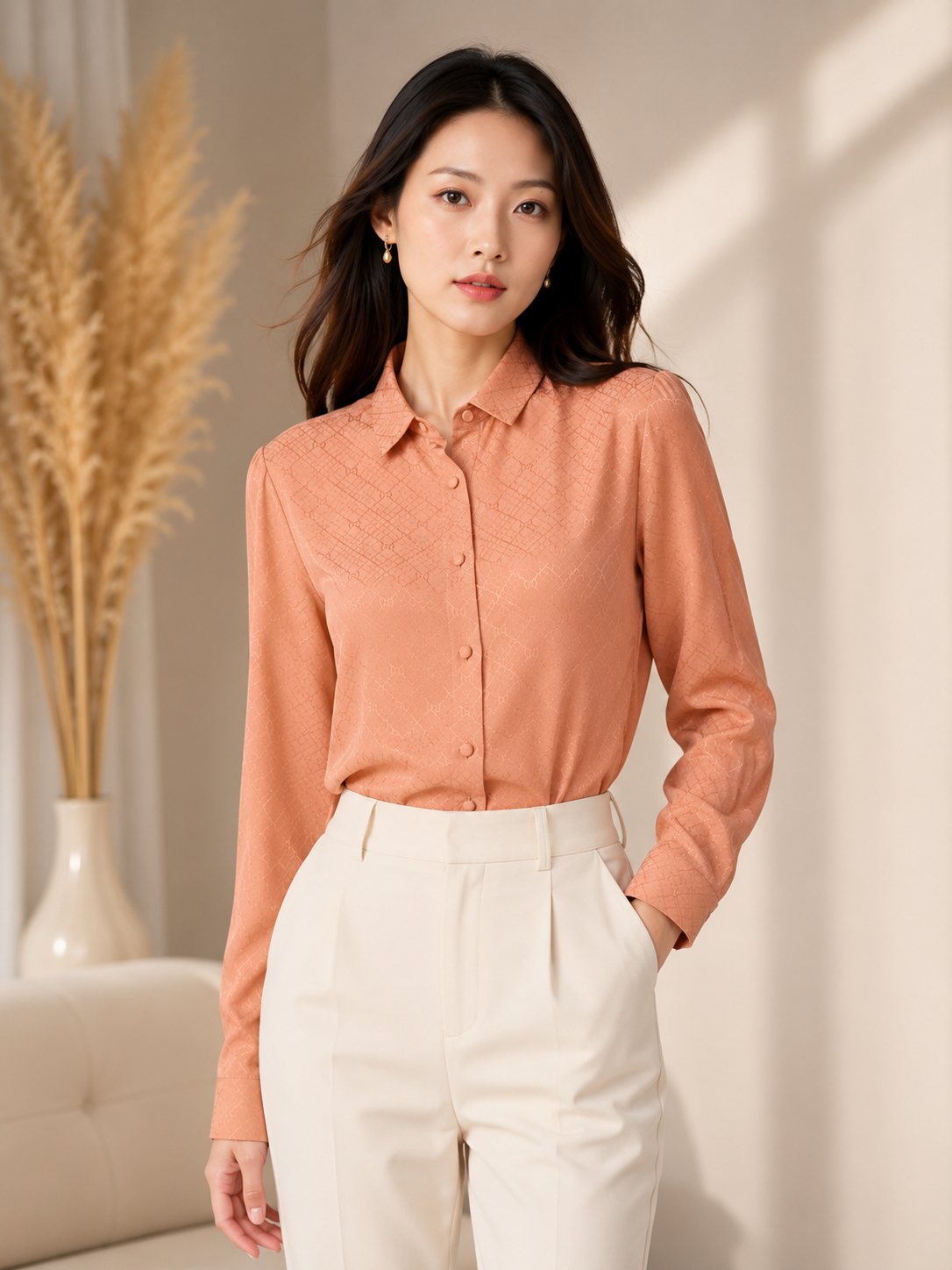 Áo sơ mi lụa GG hồng đất full logo - SNV - 622196