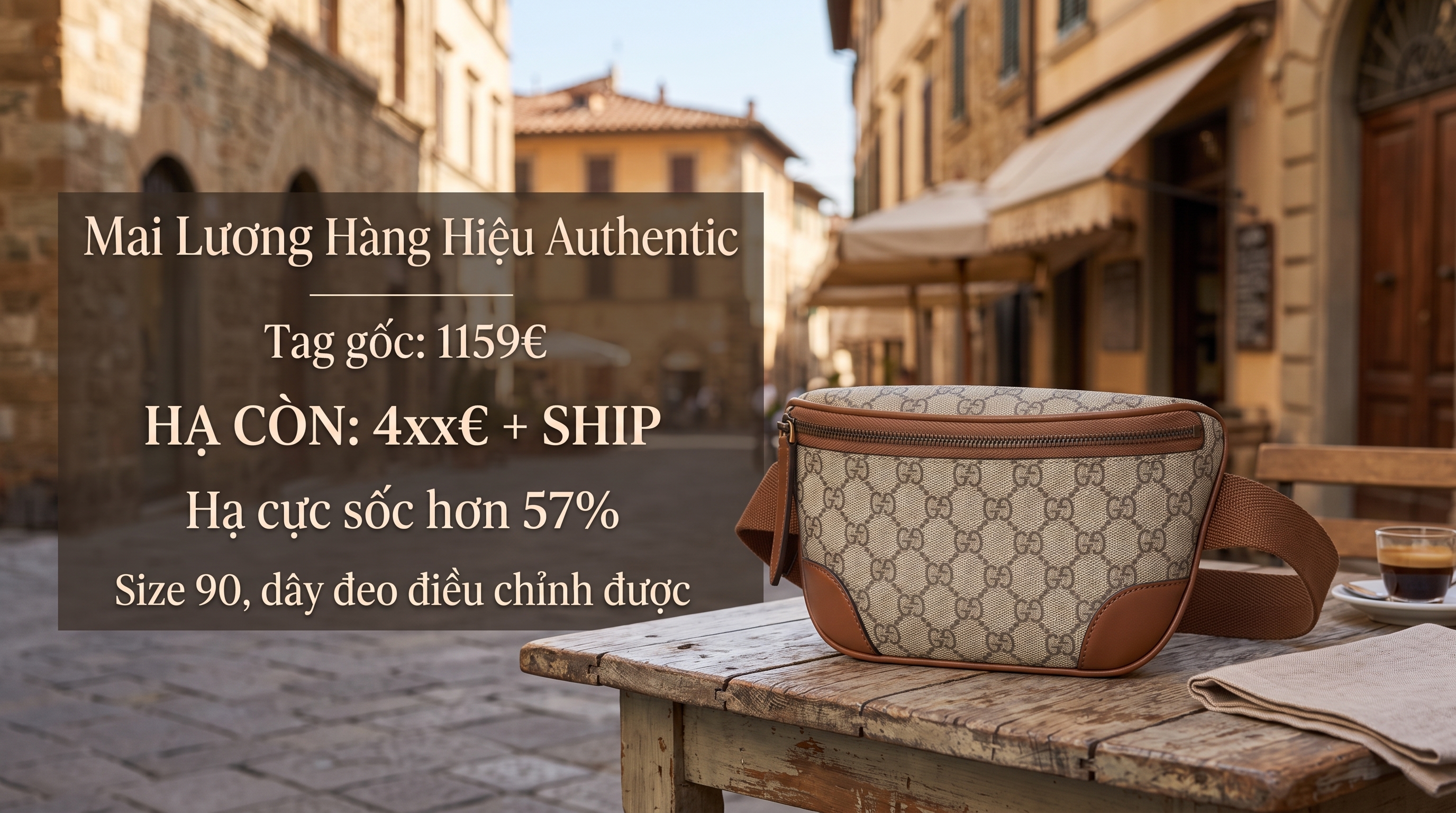 Belt bag GG nâu full logo viền da 821165