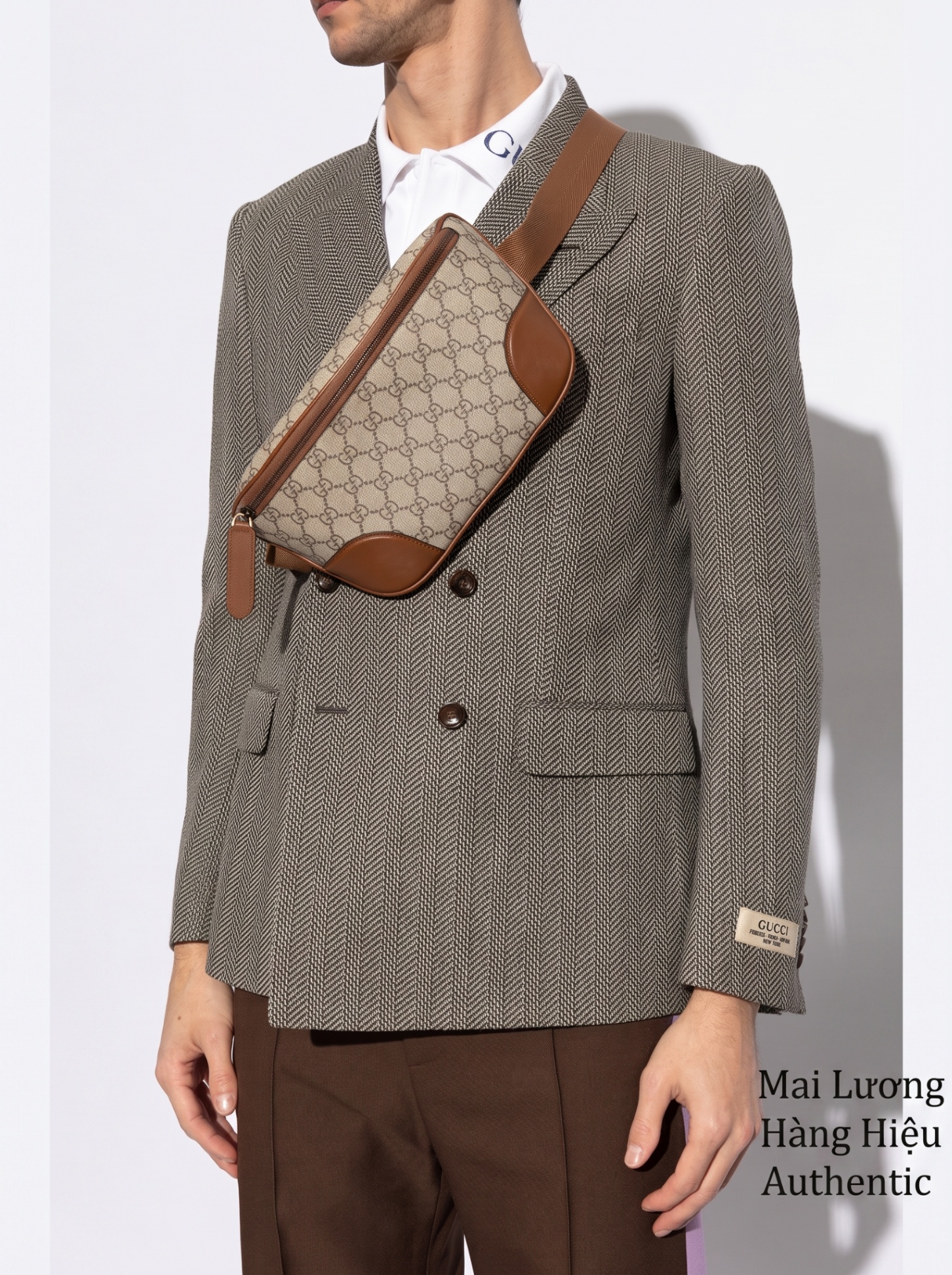 Belt bag GG nâu full logo viền da 821165