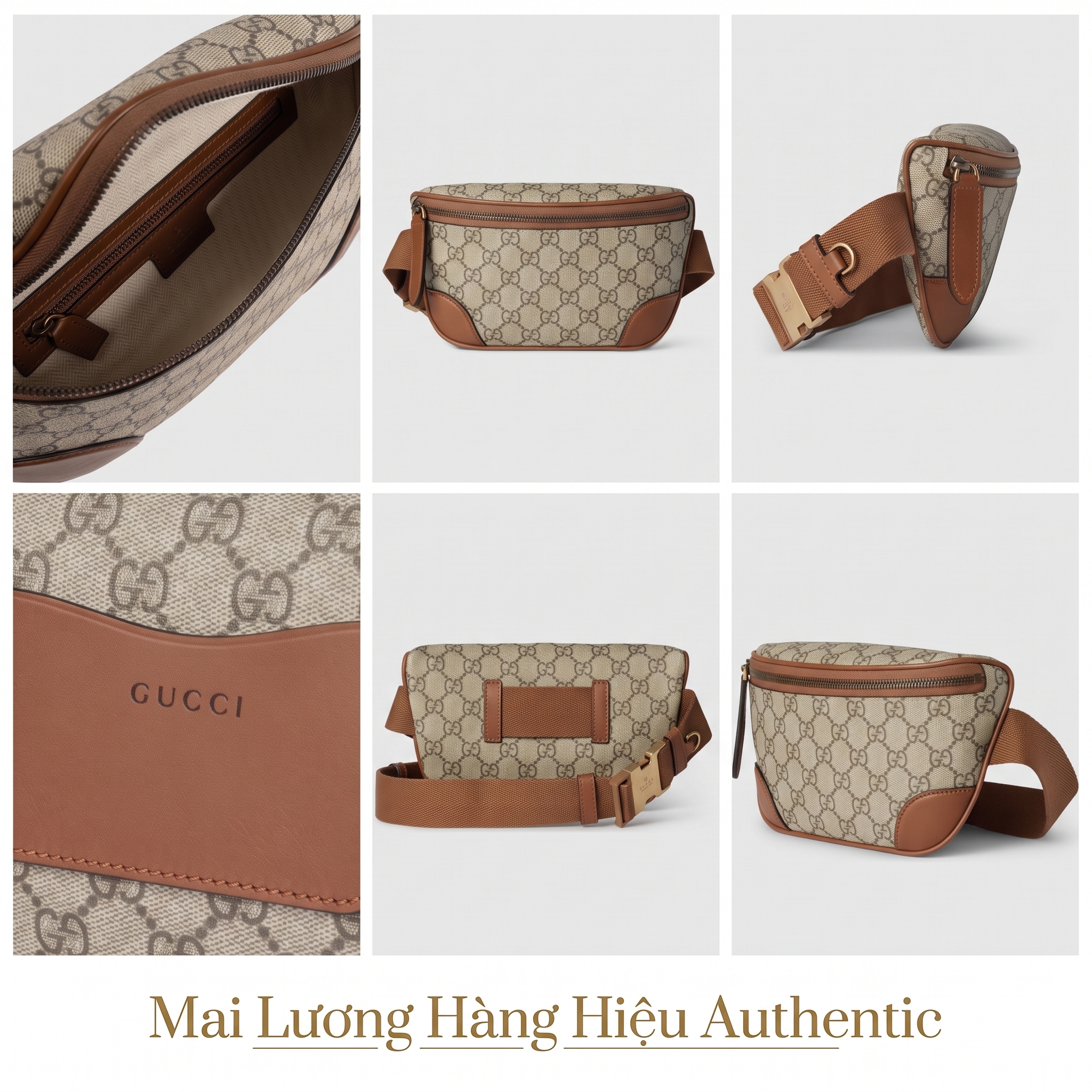 Belt bag GG nâu full logo viền da 821165
