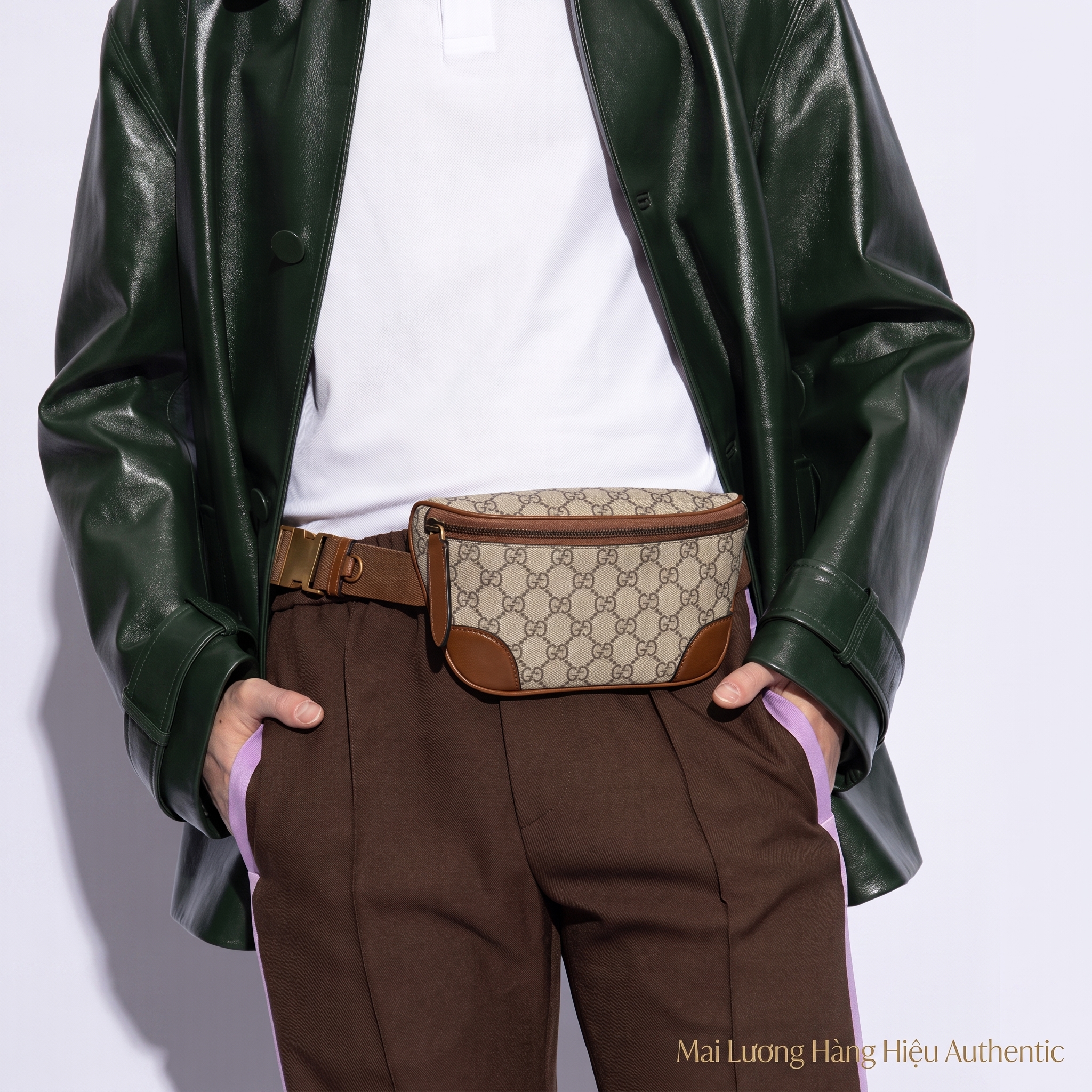 Belt bag GG nâu full logo viền da 821165