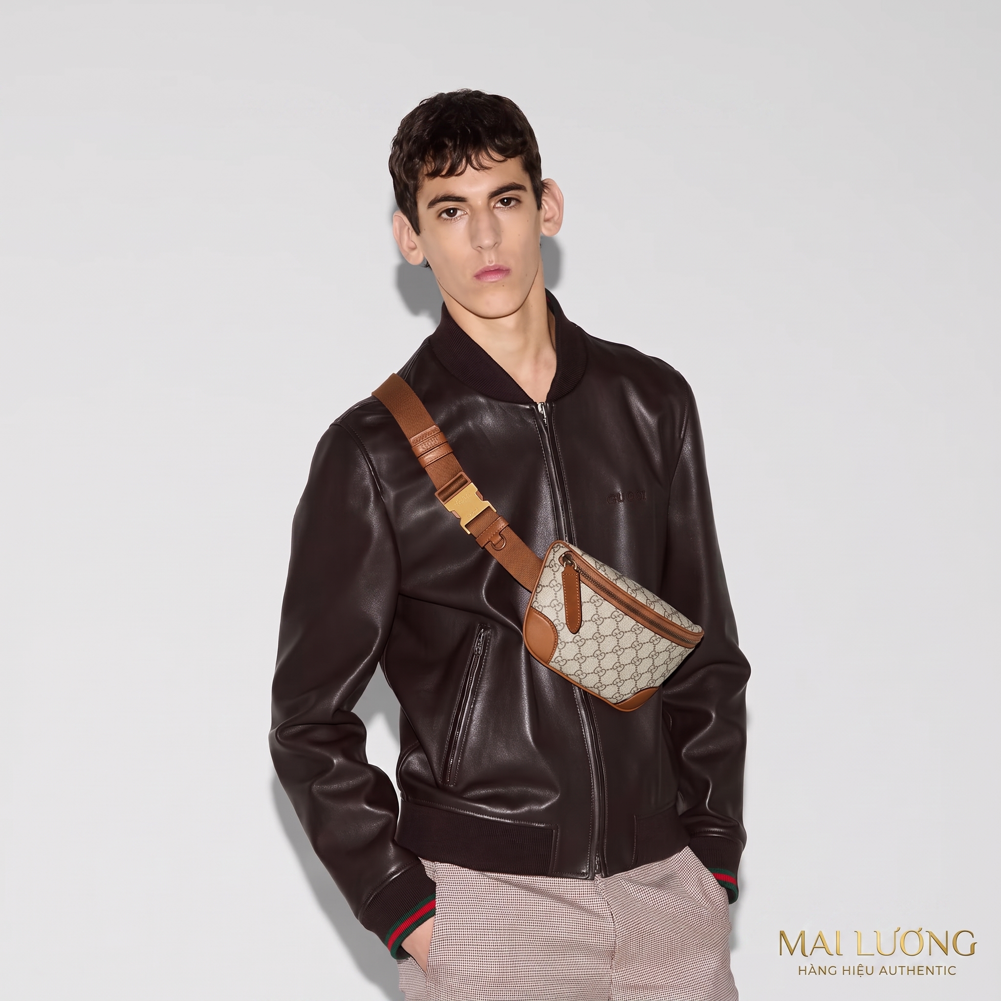 Belt bag GG nâu full logo viền da 821165