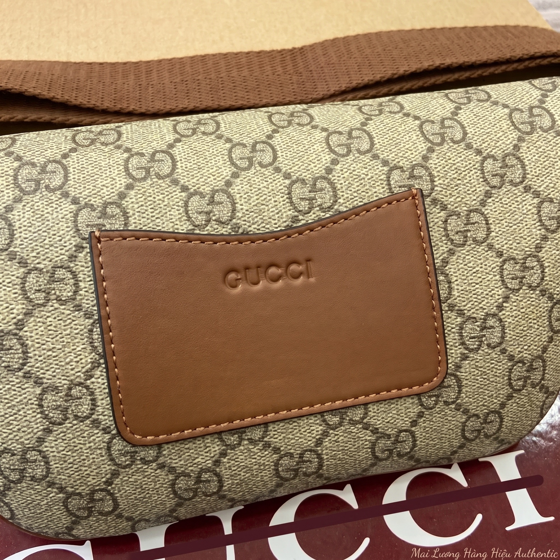 Belt bag GG nâu full logo viền da 821165