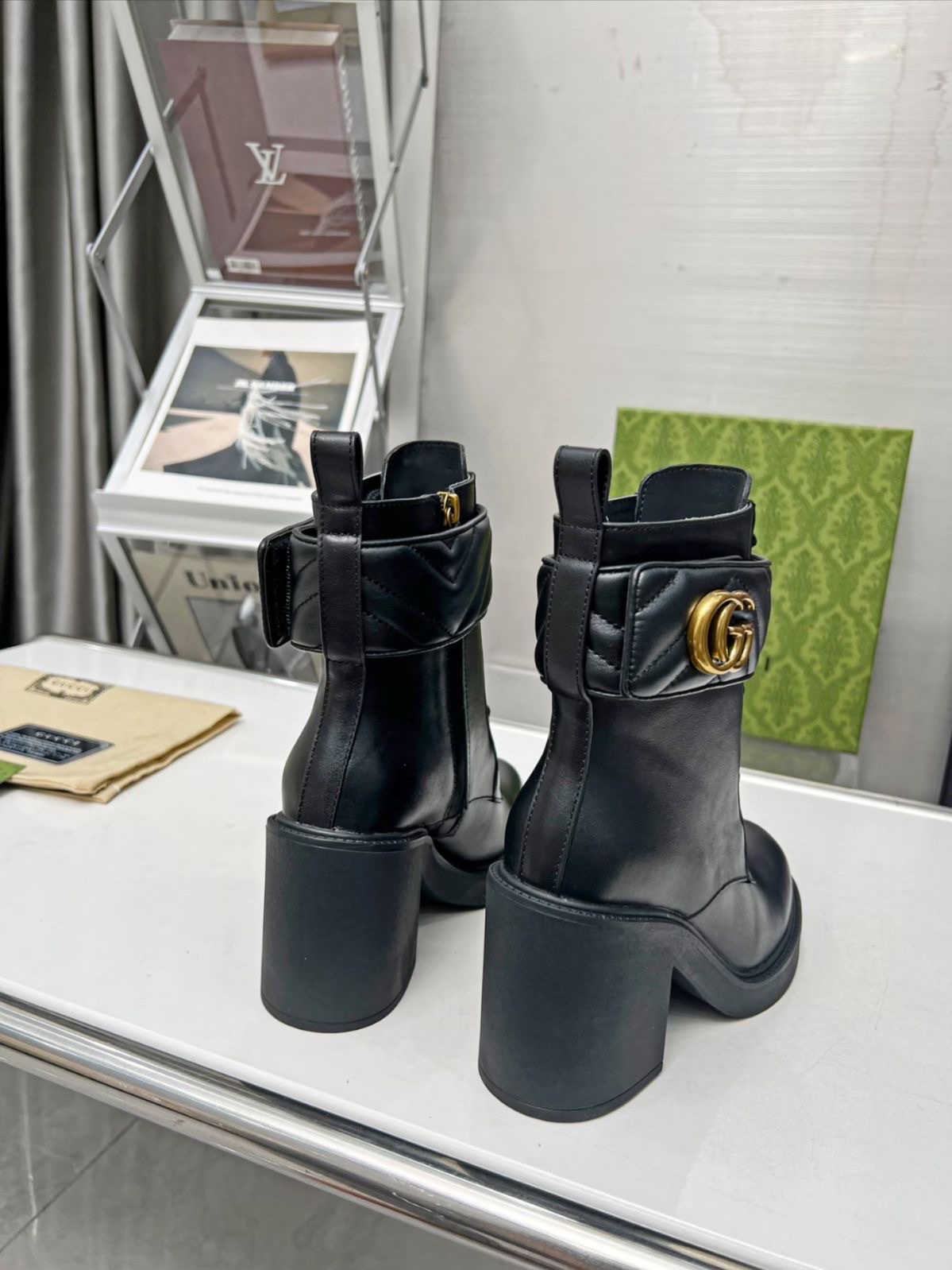 Boot GG strap matelasse đen logo vàng - cao 9p mũi 2p - SNV - 719849