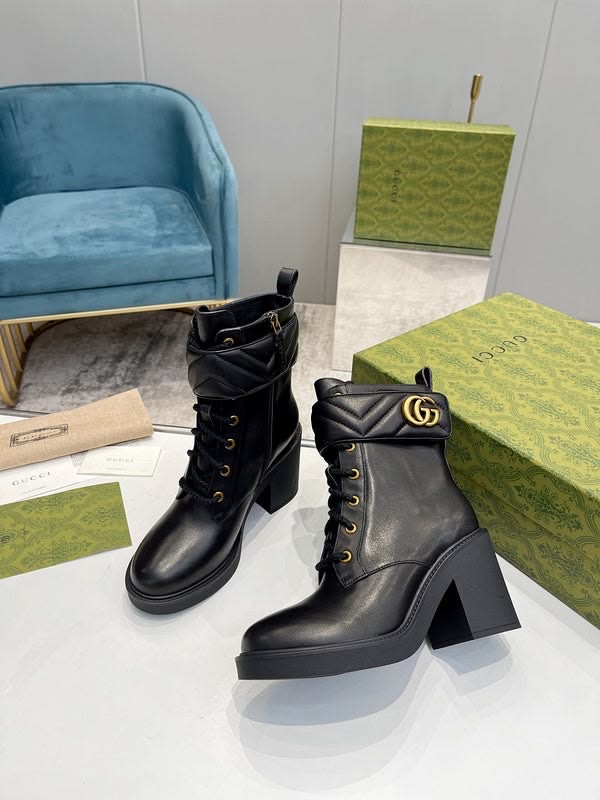 Boot GG strap matelasse đen logo vàng - cao 9p mũi 2p - SNV - 719849