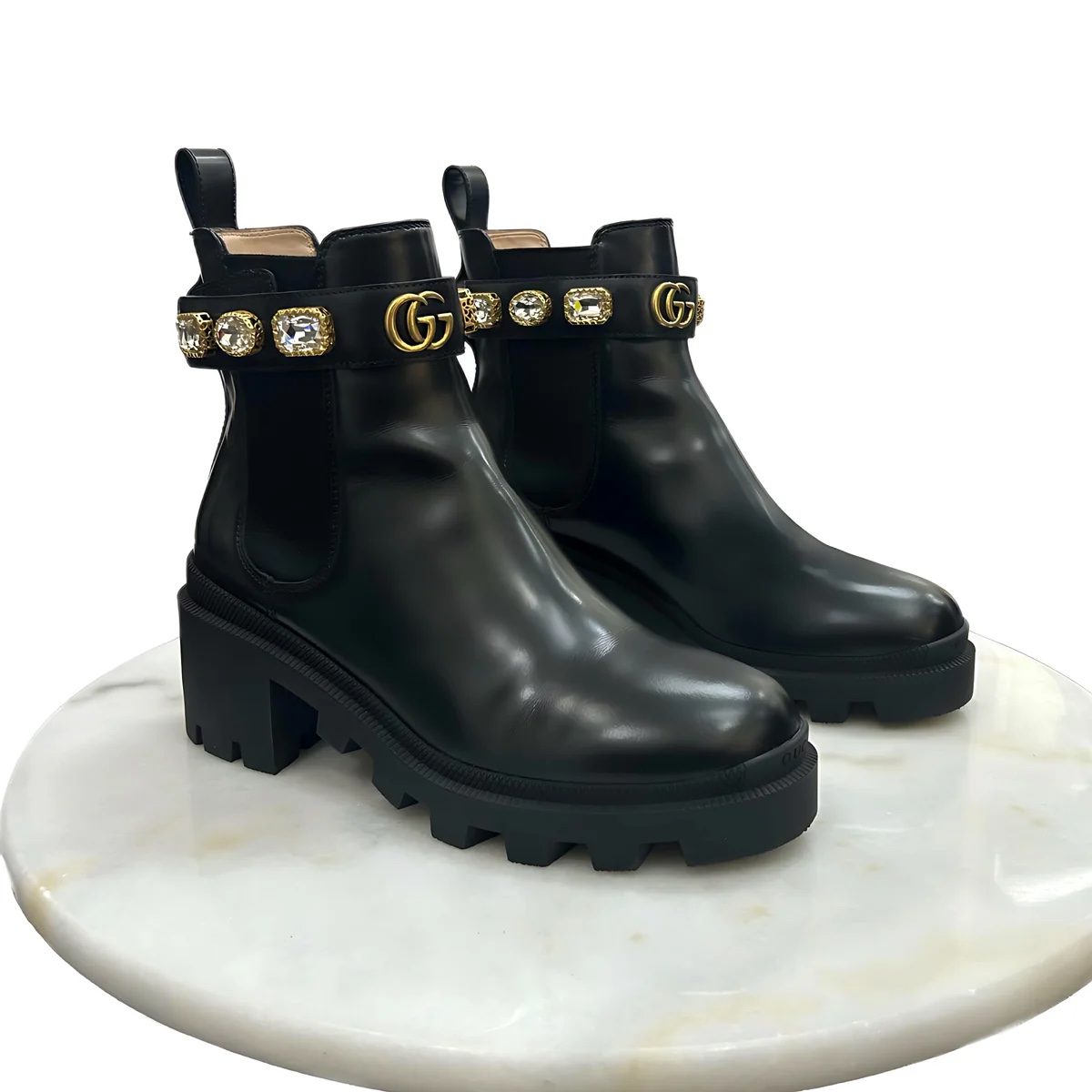 Boot GG trip chelsea đen đai đính đá logo vàng -SNV- 550036