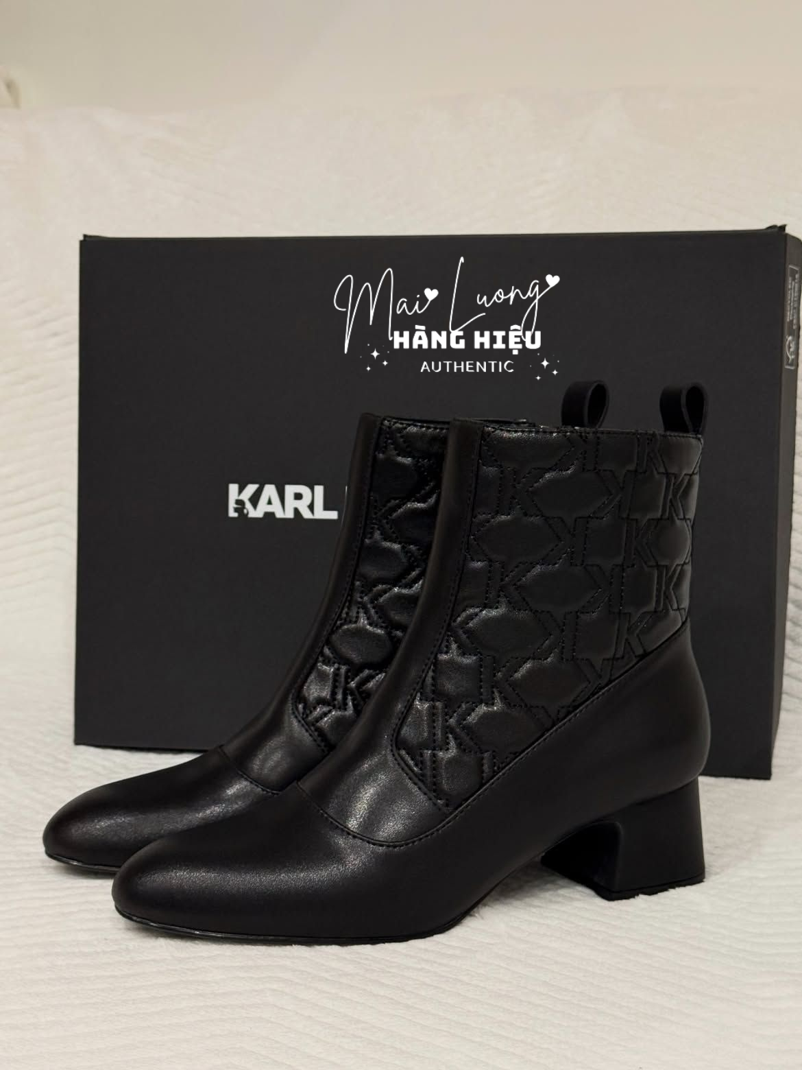 Boot Karl đen logo kéo khóa đế trụ 5p KL93040