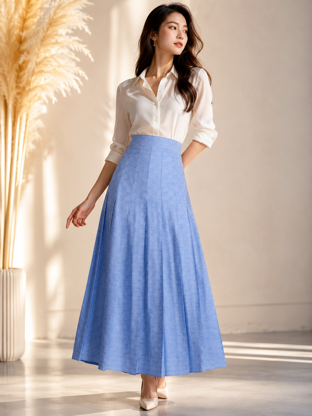 Chân váy maxi GG xanh full logo - SNV - 721388