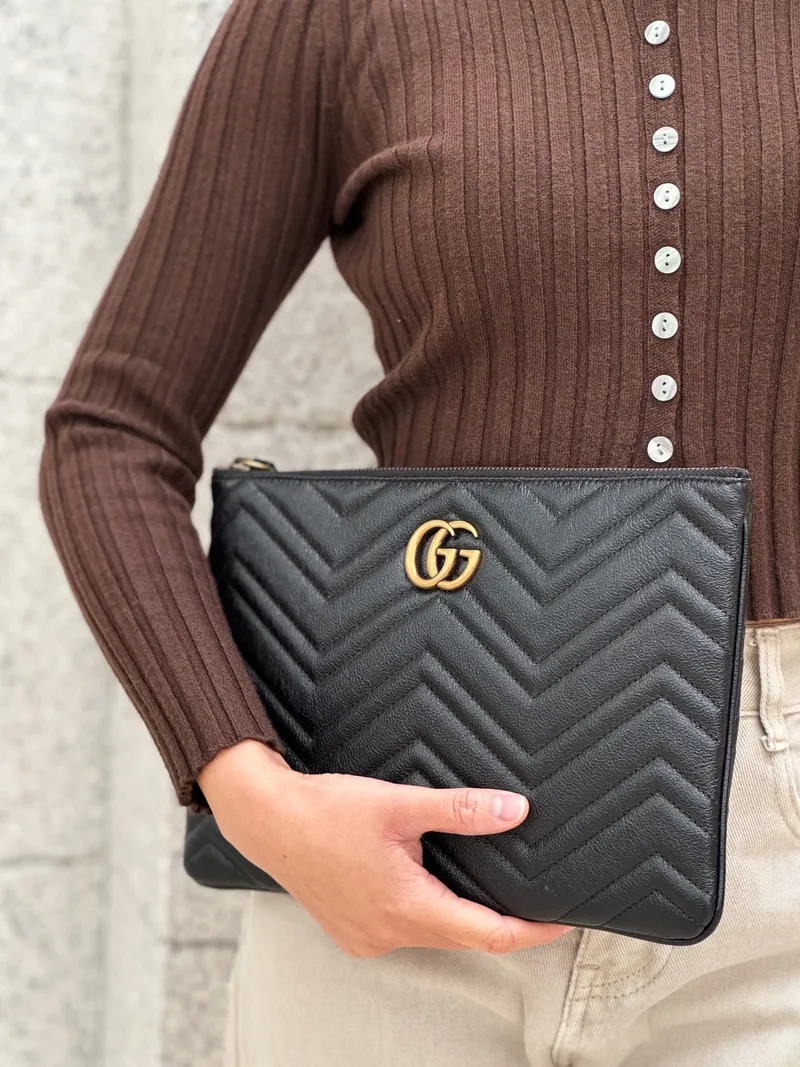 Clutch GG marmont đen hoạ tiết xương cá - SNV - 525541 - KT 28 x 19
