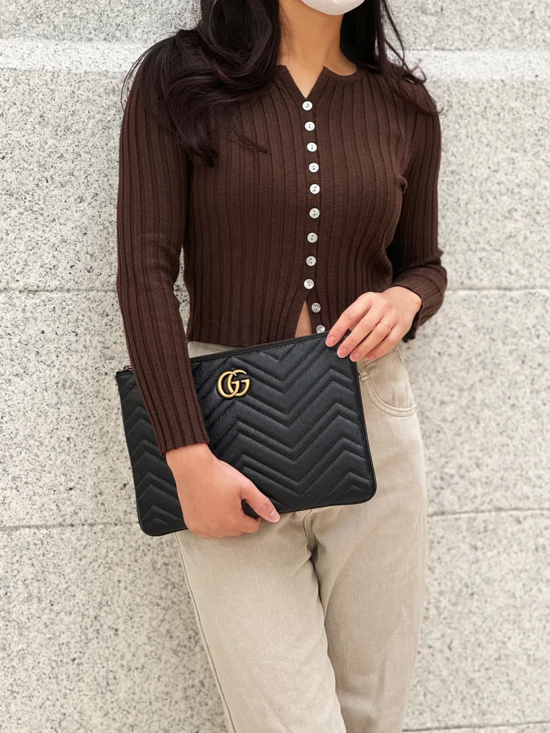 Clutch GG marmont đen hoạ tiết xương cá - SNV - 525541 - KT 28 x 19