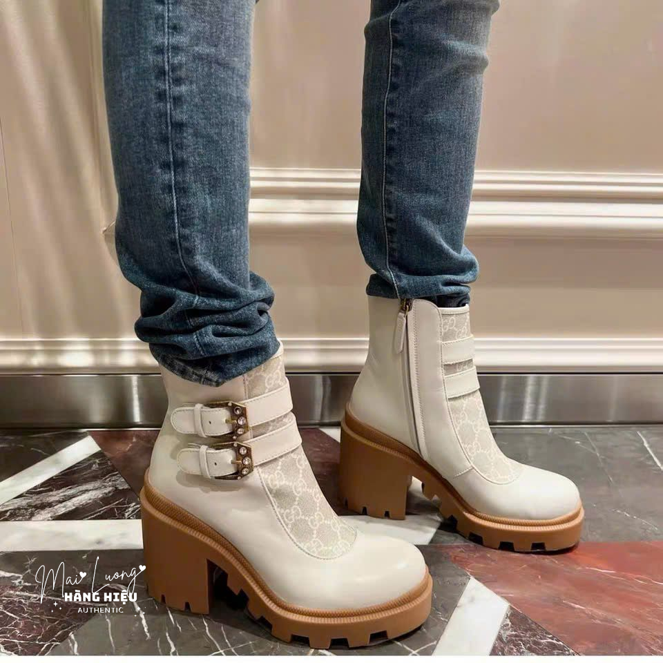 Crystal buckle GG Ankle boots hill - trắng - 701100 - SNV