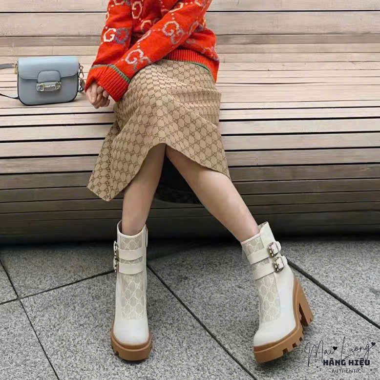 Crystal buckle GG Ankle boots hill - trắng - 701100 - SNV