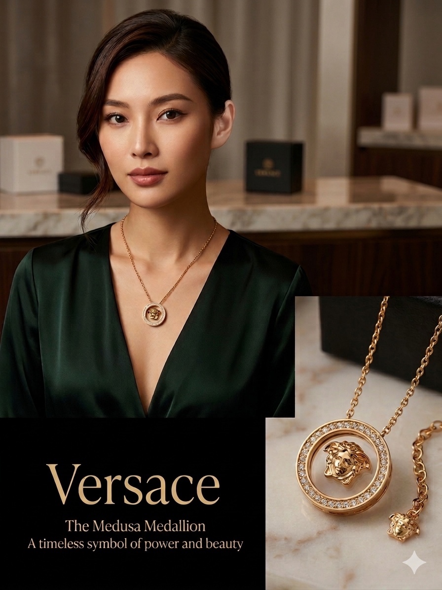 Dây chuyền VS vàng logo mặt medusa nhỏ viền đính đá 1A00621