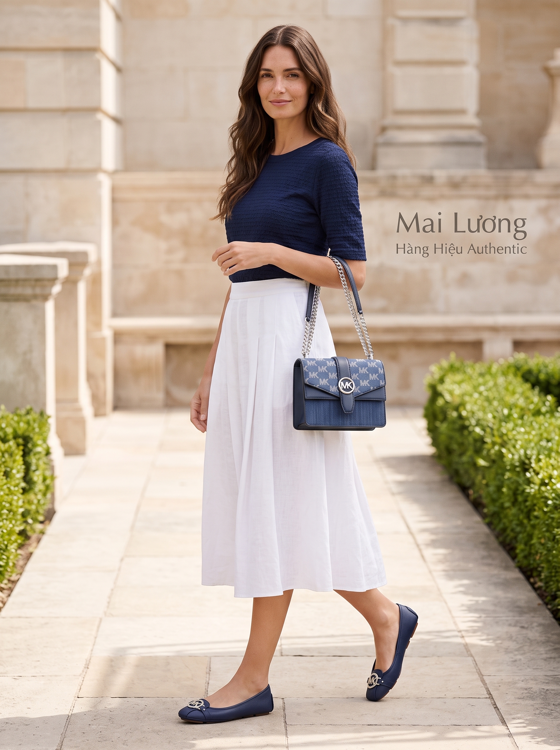 Giày búp bê MK xanh navy logo bạc - 49F9FUFR3L