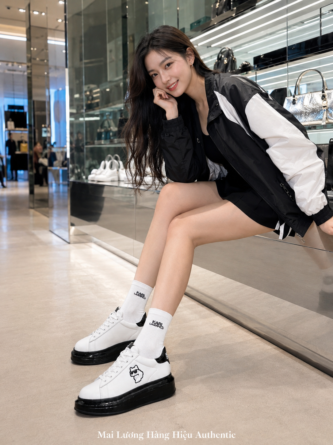 Giày sneaker karl trắng đế + gót đen logo ikonik & mèo- KL96630N - Đế 5 mũi 3