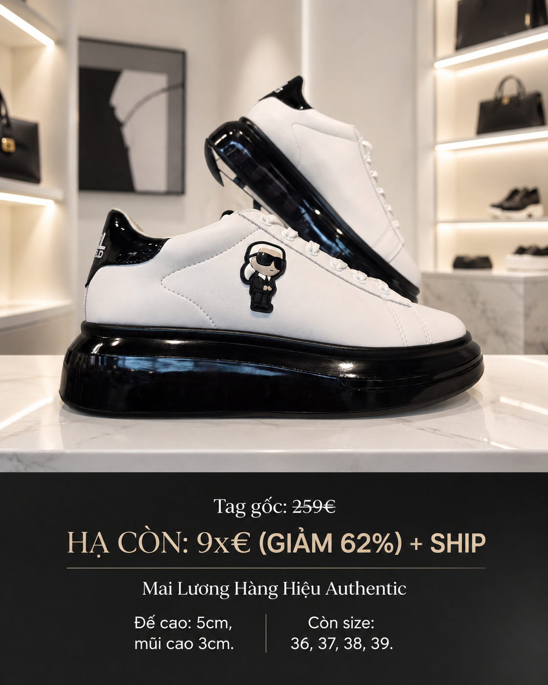 Giày sneaker karl trắng đế + gót đen logo ikonik & mèo- KL96630N - Đế 5 mũi 3