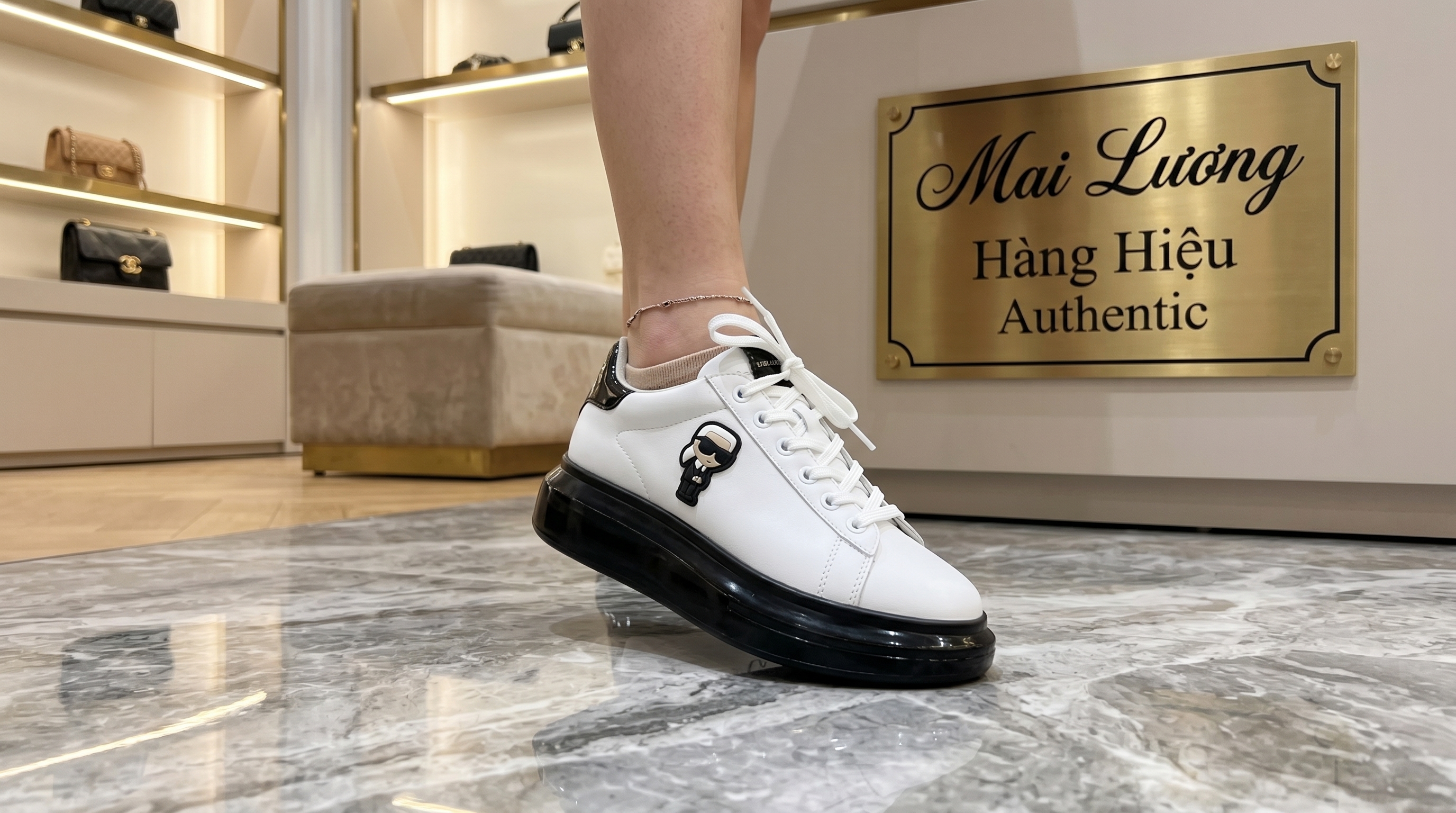 Giày sneaker karl trắng đế + gót đen logo ikonik & mèo- KL96630N - Đế 5 mũi 3