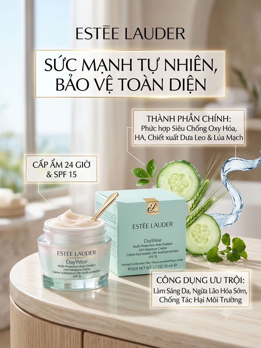 Kem ngày Estee Lauder Day Wear - màu xanh 50ml (cấp ẩm 24h -> duy trì độ ẩm mềm mịn căng mọng chống oxi hóa SPF15 -> chống nắng / Giảm dầu thừa)