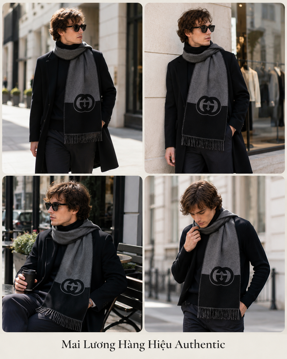 Khăn GG màu xám pha đen - SNV- 85%len 15%cashmere- 715497- 33x200