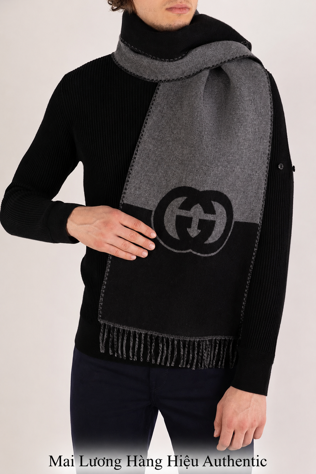 Khăn GG màu xám pha đen - SNV- 85%len 15%cashmere- 715497- 33x200