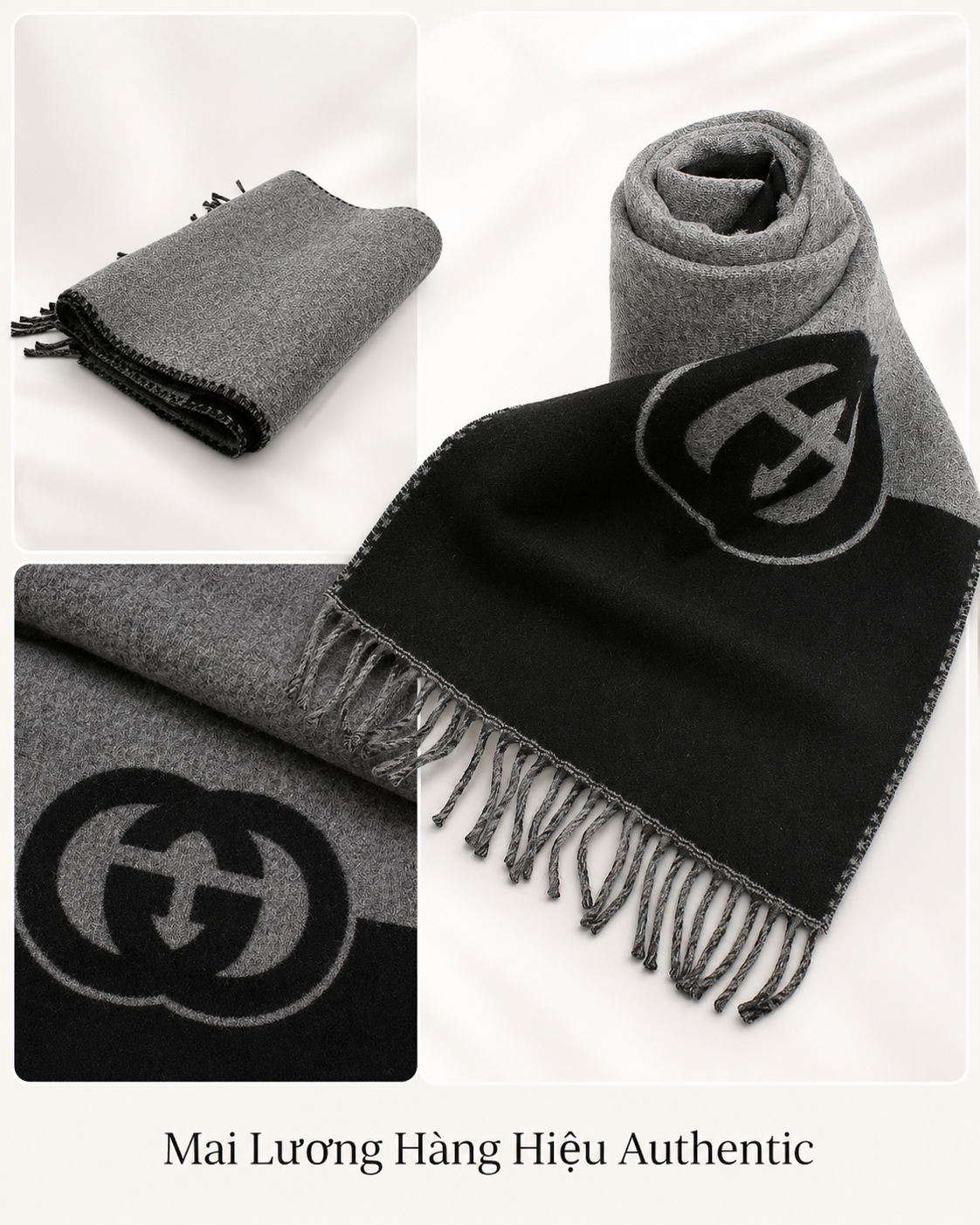 Khăn GG màu xám pha đen - SNV- 85%len 15%cashmere- 715497- 33x200