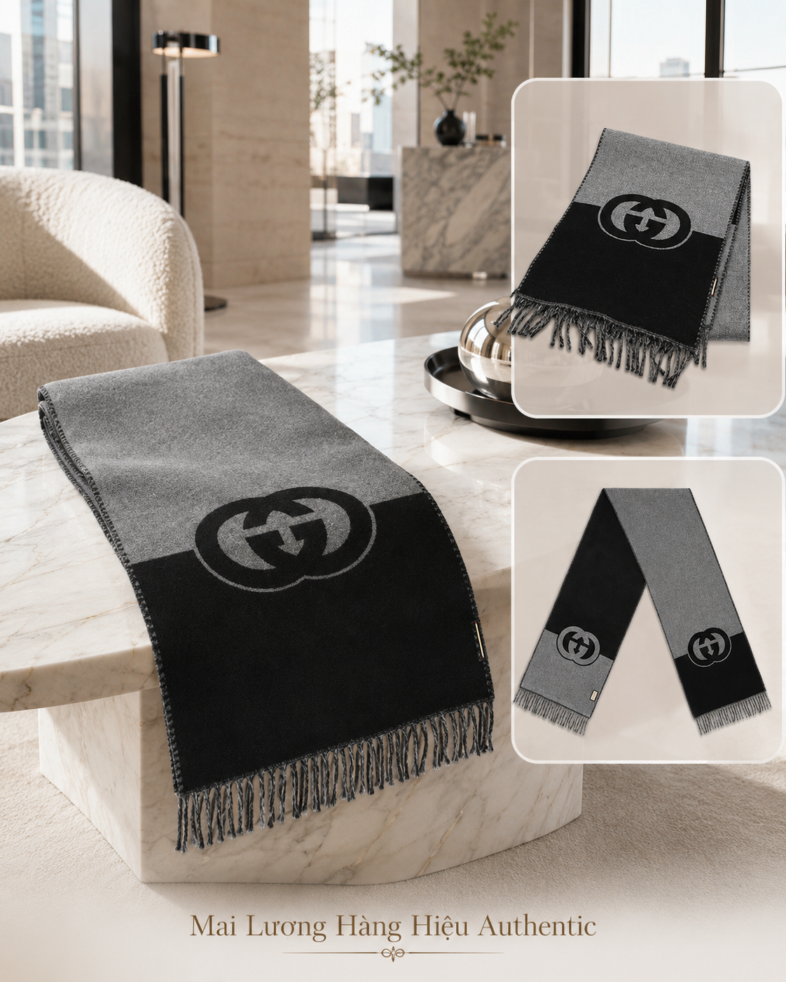 Khăn GG màu xám pha đen - SNV- 85%len 15%cashmere- 715497- 33x200