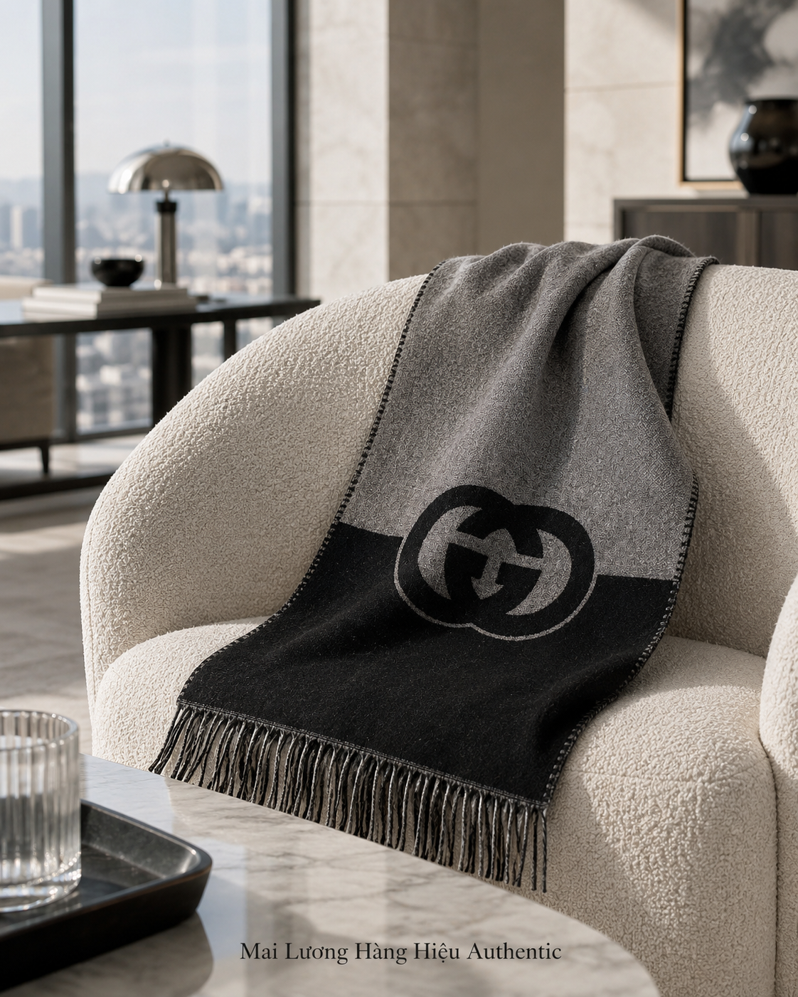 Khăn GG màu xám pha đen - SNV- 85%len 15%cashmere- 715497- 33x200