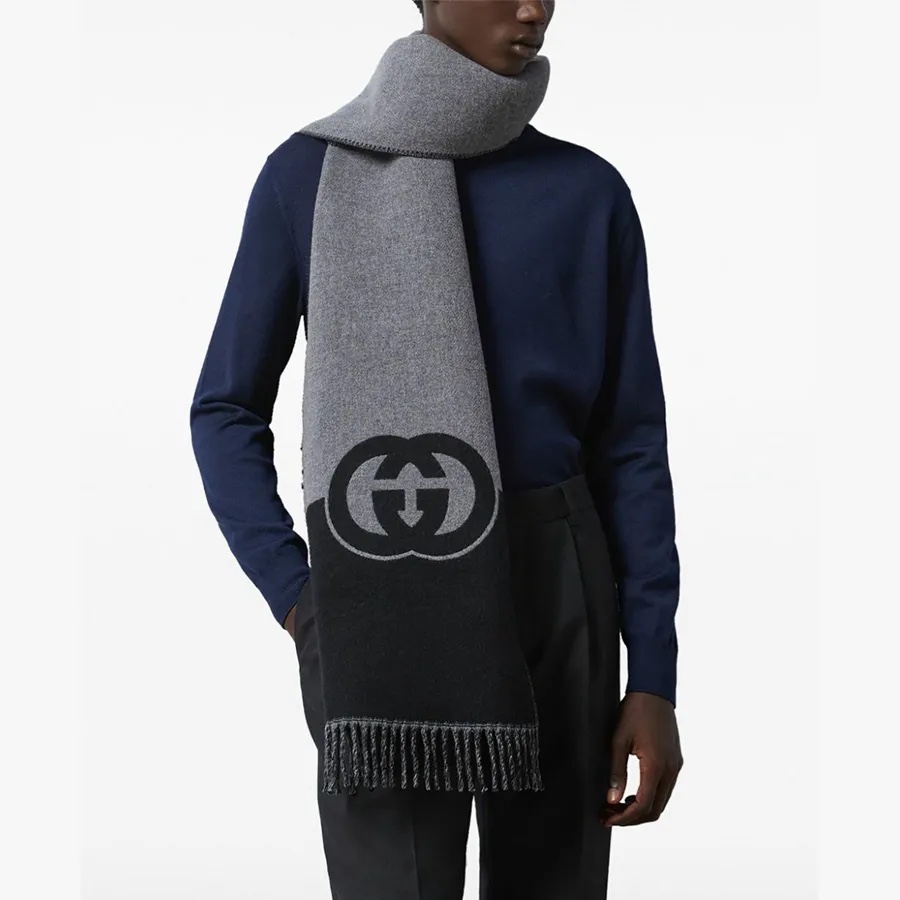 Khăn GG màu xám pha đen - SNV- 85%len 15%cashmere- 715497- 33x200