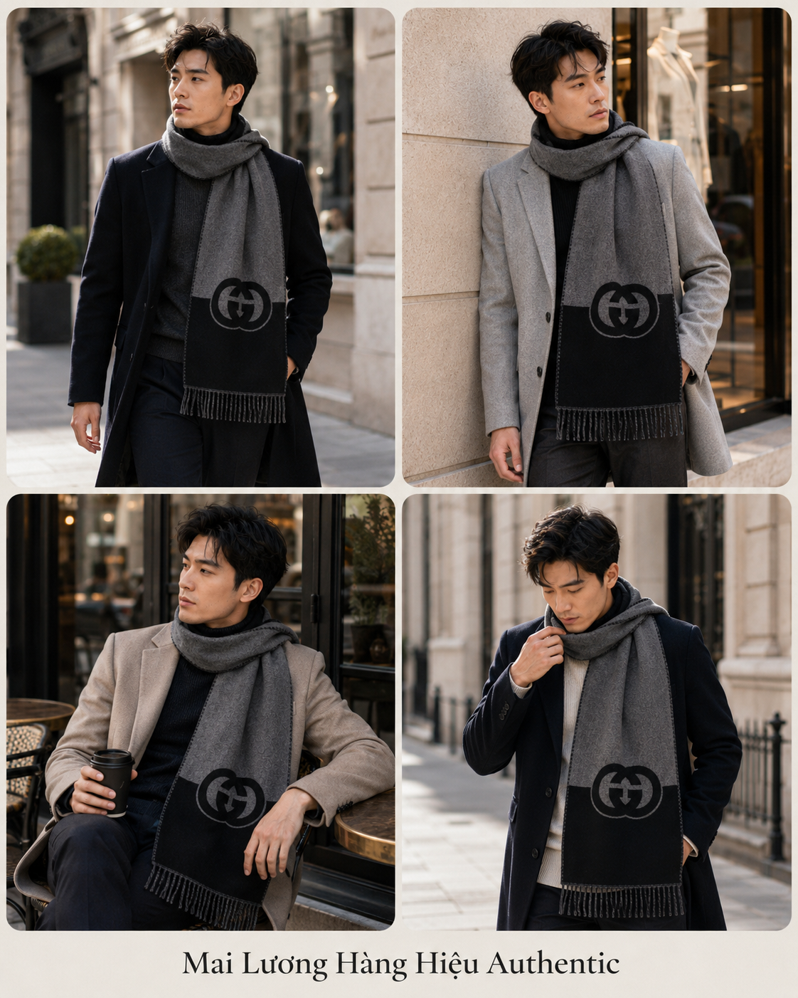 Khăn GG màu xám pha đen - SNV- 85%len 15%cashmere- 715497- 33x200