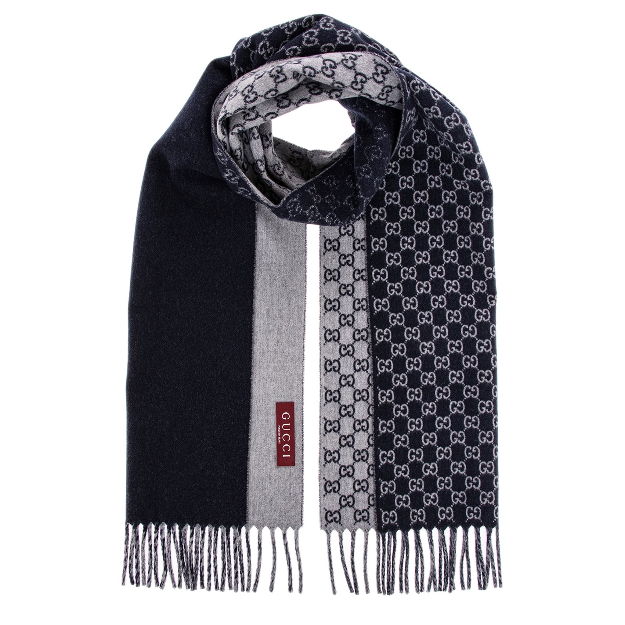 Khăn len GG 2 màu ombre xanh + xám - 852038 - SNV - 10% cashmere - 35 x 196 cm