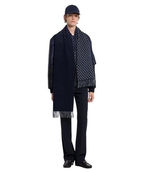 Khăn len GG 2 màu ombre xanh + xám - 852038 - SNV - 10% cashmere - 35 x 196 cm