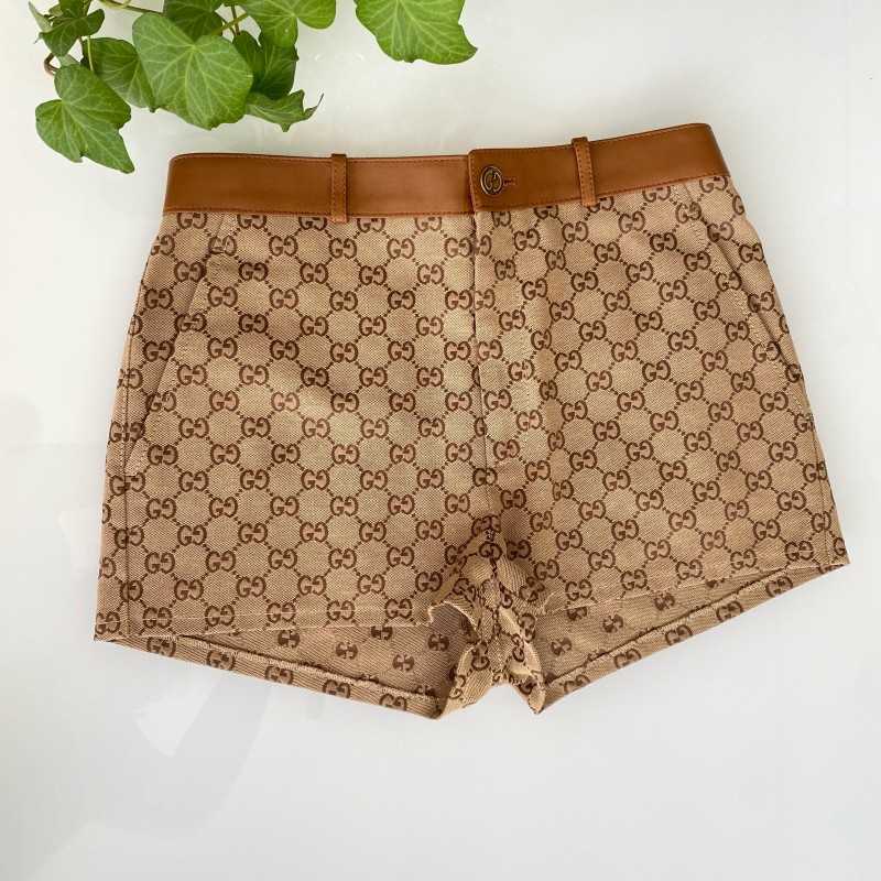 Quần short GG nâu logo viền da - SNV - 681154