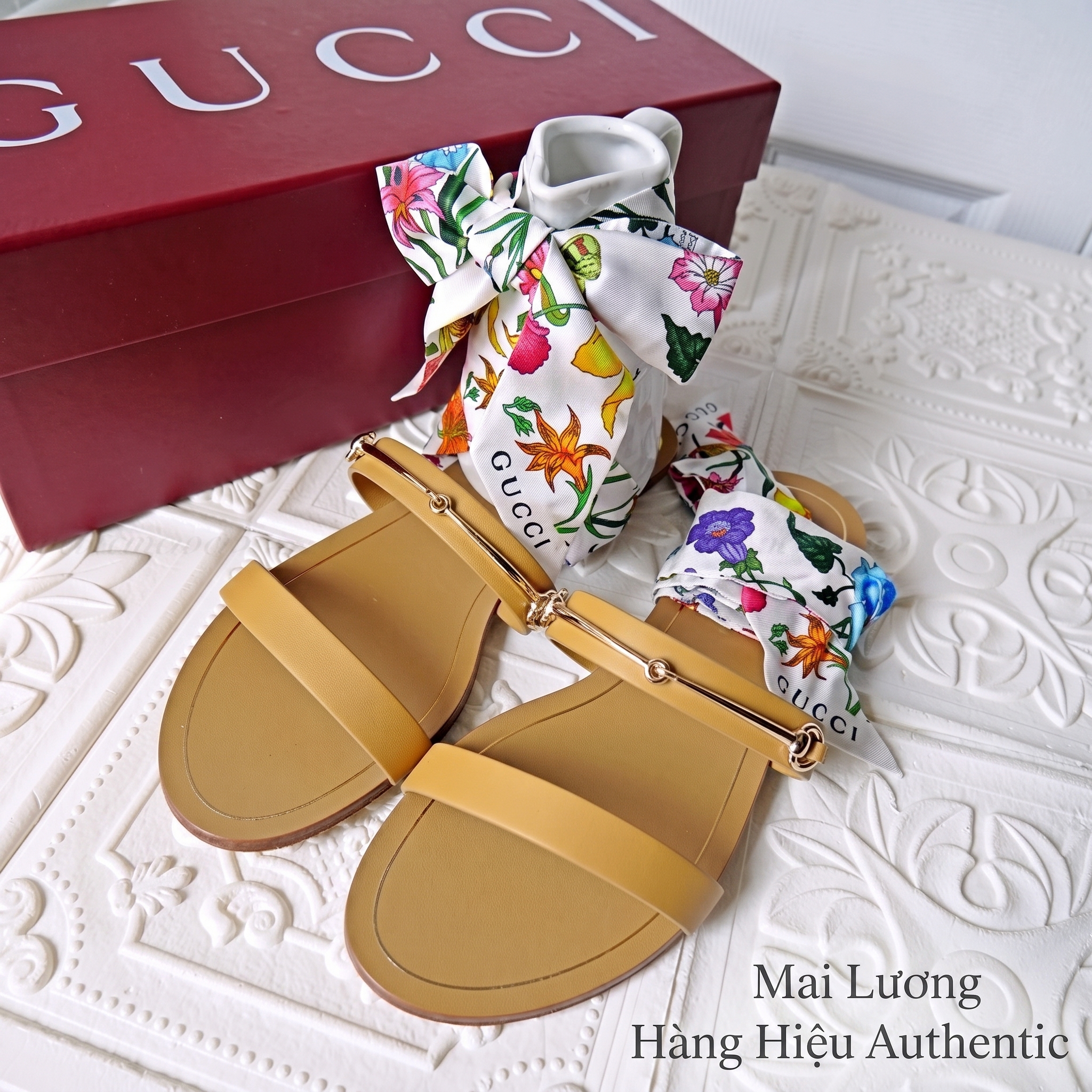 Sandals GG nâu logo horsebit dây nơ 811593