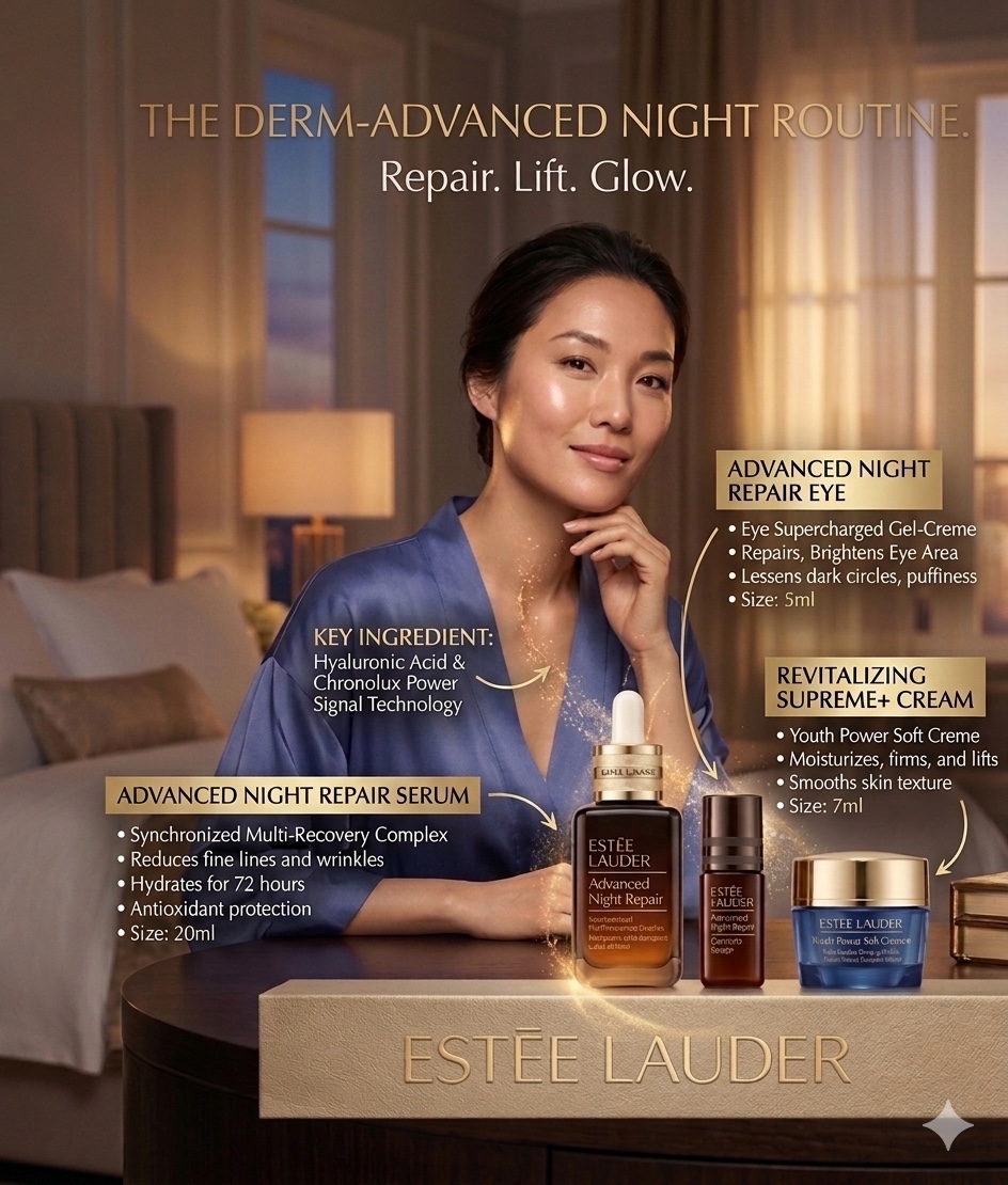 Combo 2 Set 3 sp Estee Lauder ban đêm có chứa huyết thanh - 1 serum 20 ml | 1 mắt 5 ml | 1 mặt 7 ml