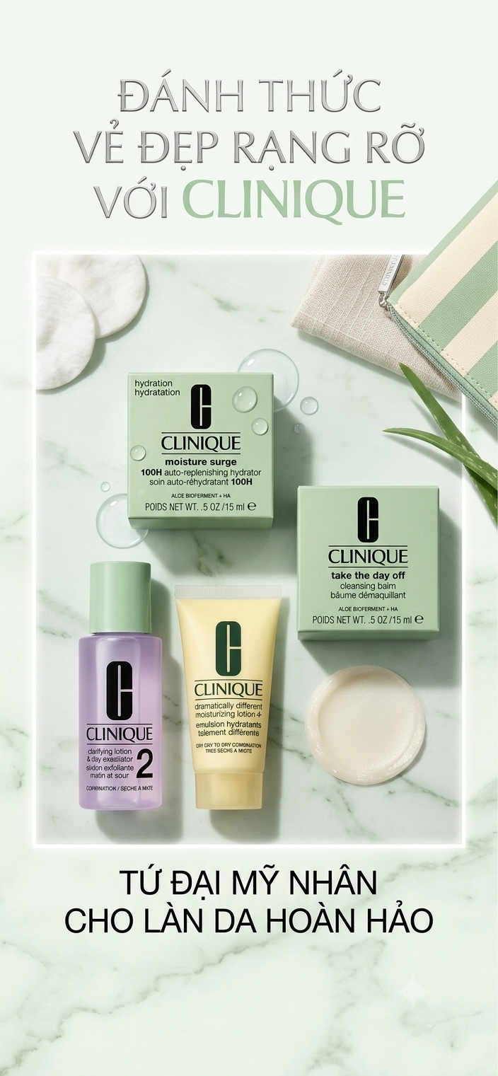 Set Clinique gồm : 2 sáp tẩy trang, 2 nước hh, 2 sữa dưỡng ẩm, 2 kem dưỡng ẩm
