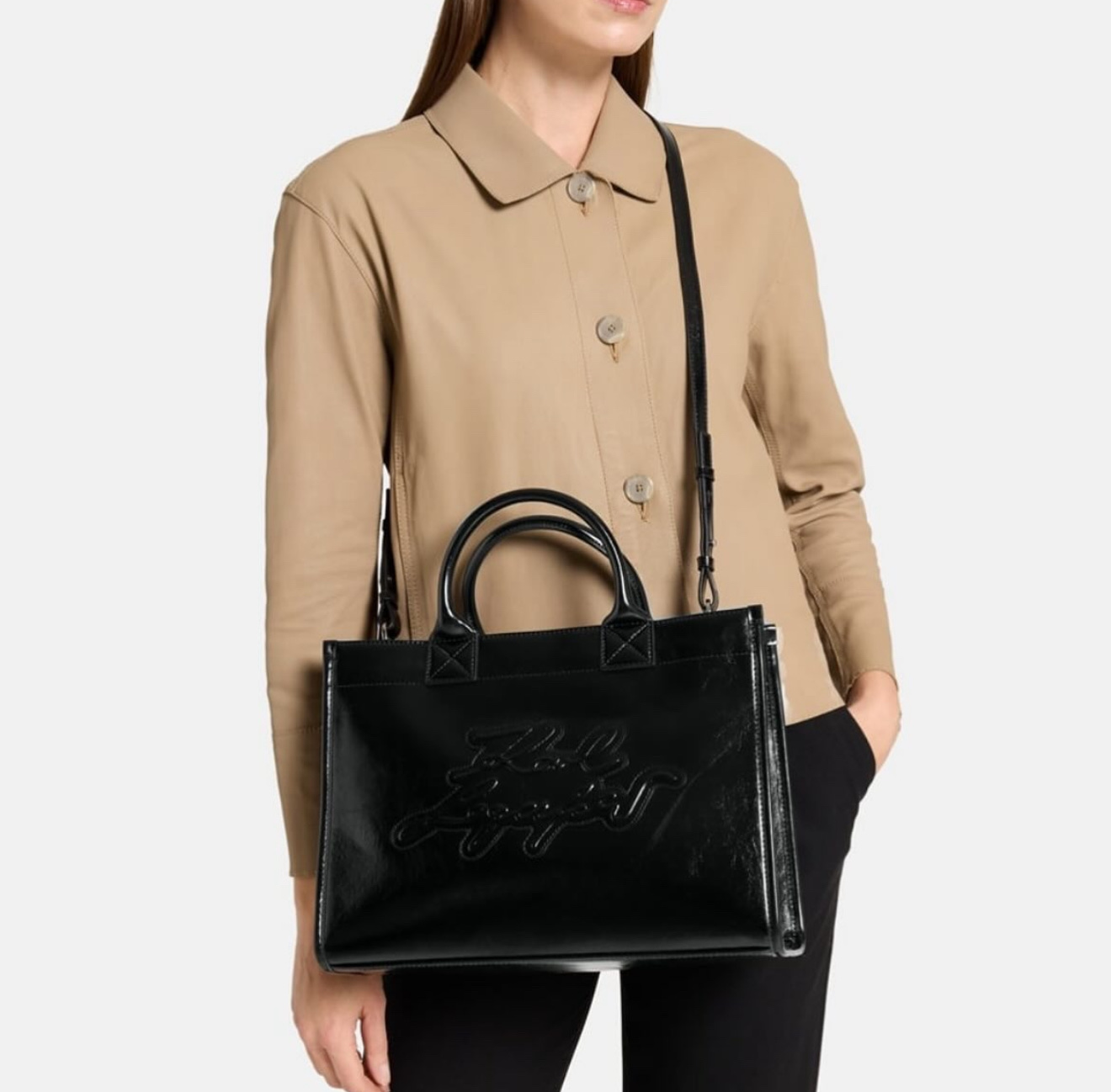 Shopper Karl đen logo chữ ký - da bóng BRW30007 - KT: 32*23*13