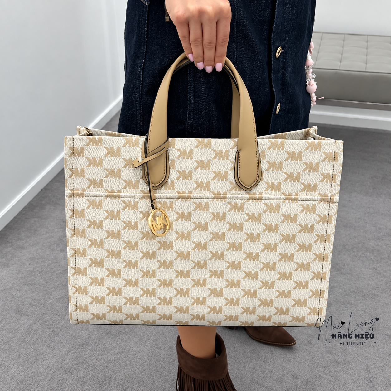 Shopper MK Gigi màu kaki logo - 38S5G3GT3J (KT: 37 / 30 / 10)