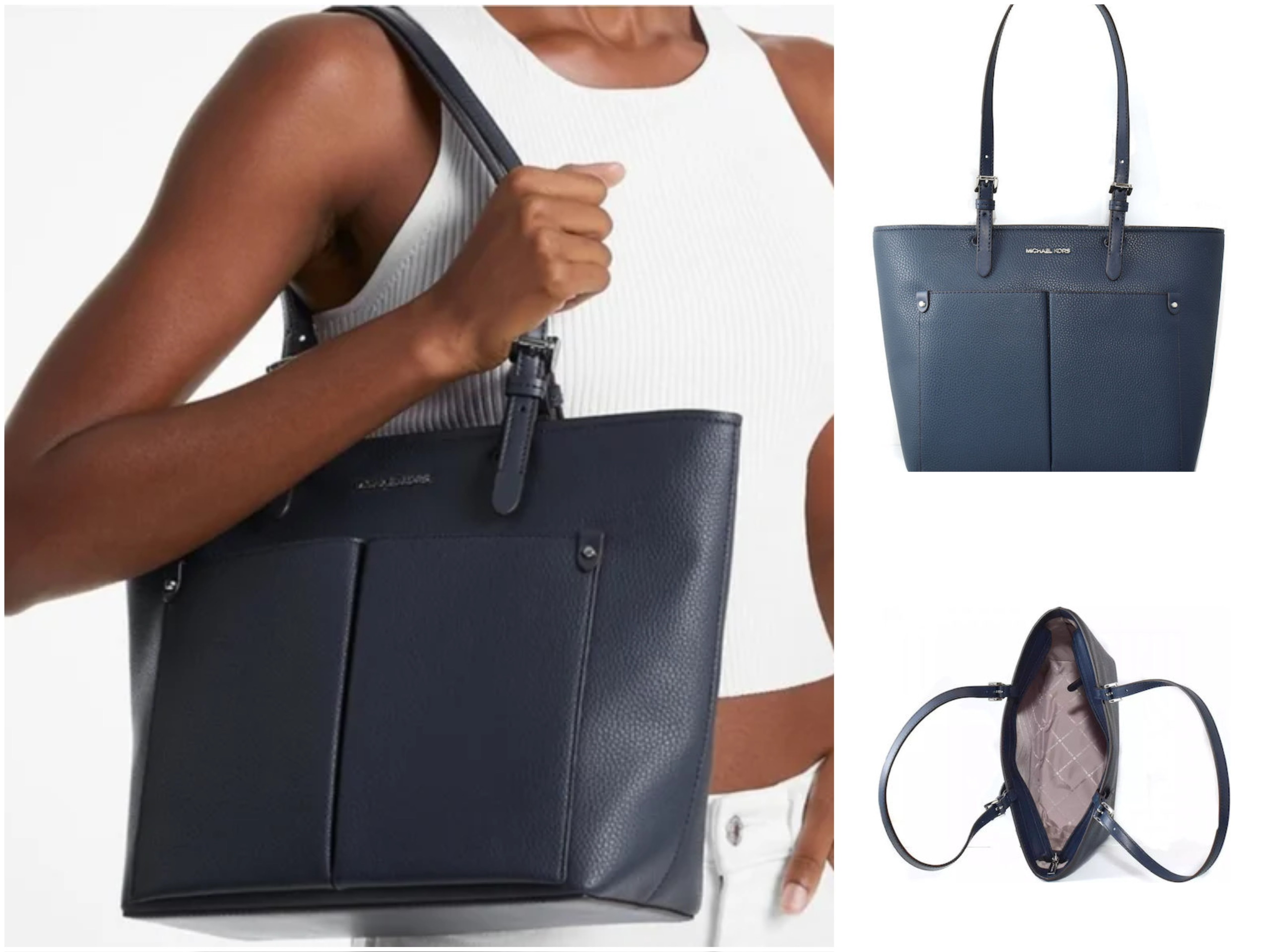 Shopper MK xanh navy logo bạc - 2 túi ngoài 35H3STV6B - KT: 37/28*26*12