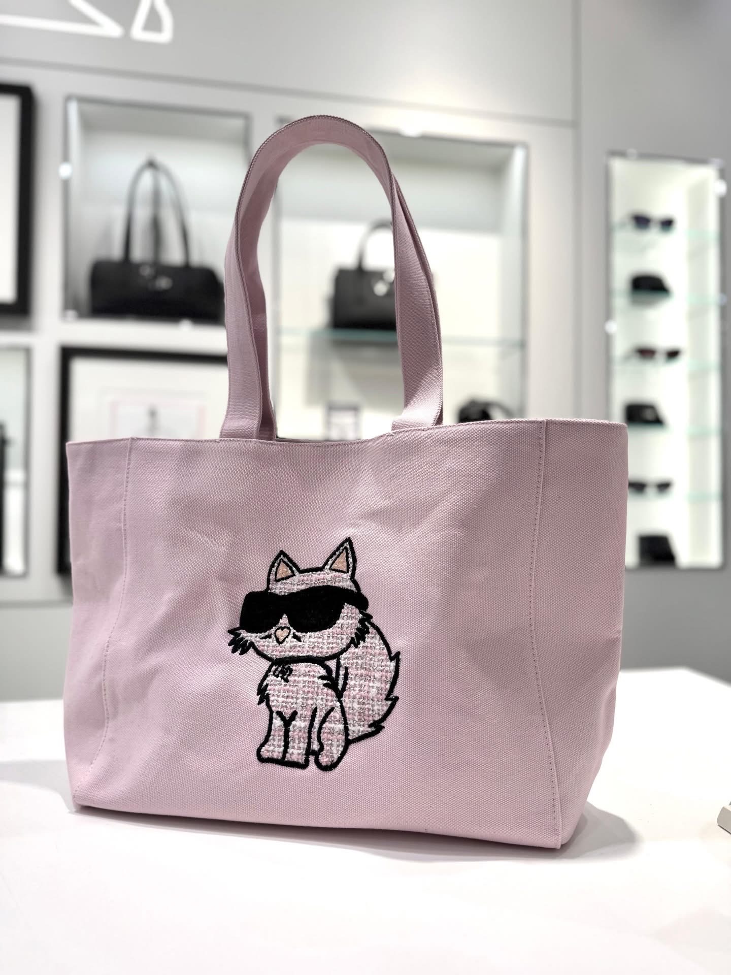 Shopper karl vải dù màu hồng lgo mèo - B8W50011 - KT: 47 x 30 x 11