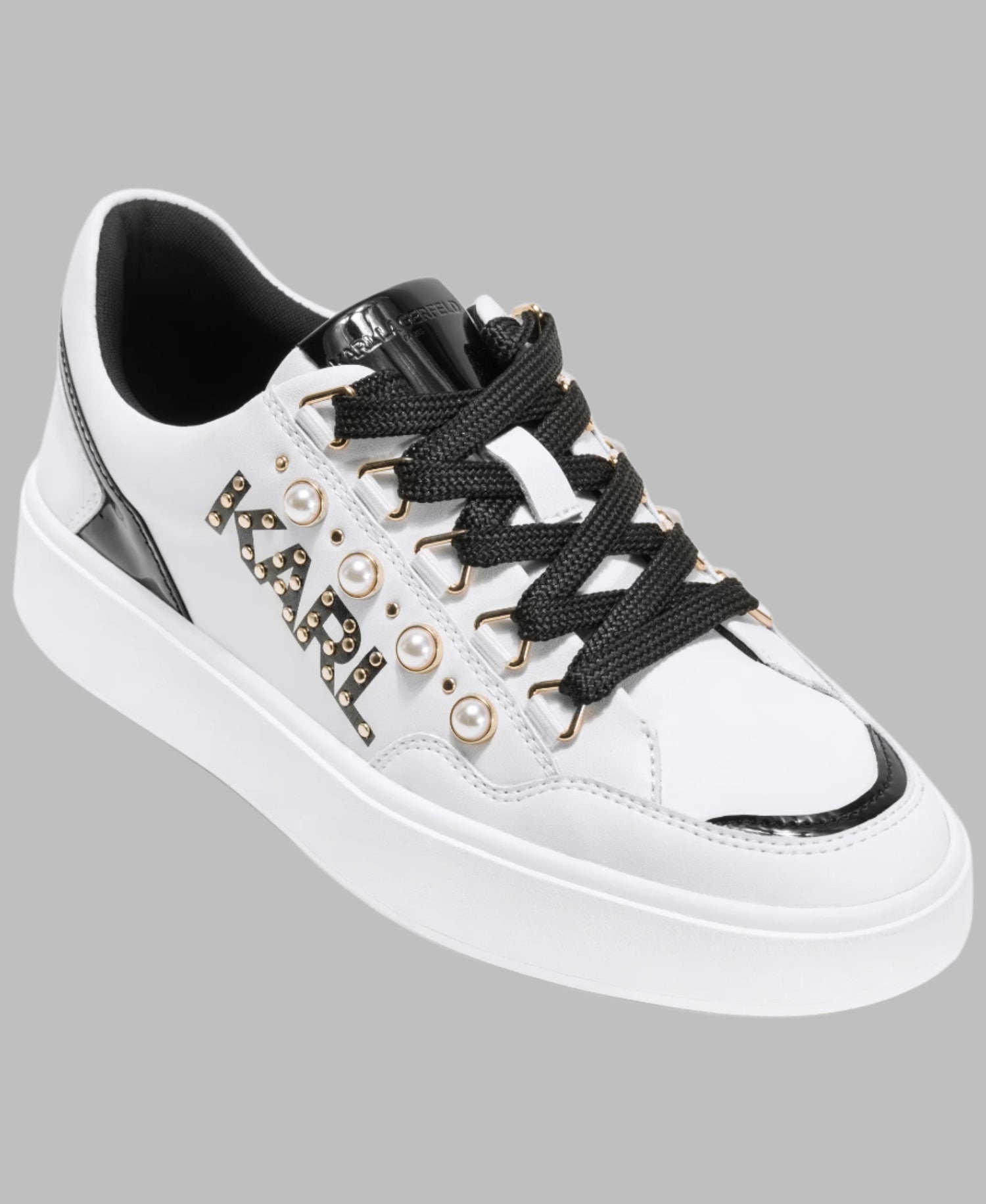 Sneaker Karl trắng phối đen đính ngọc trai KL351025