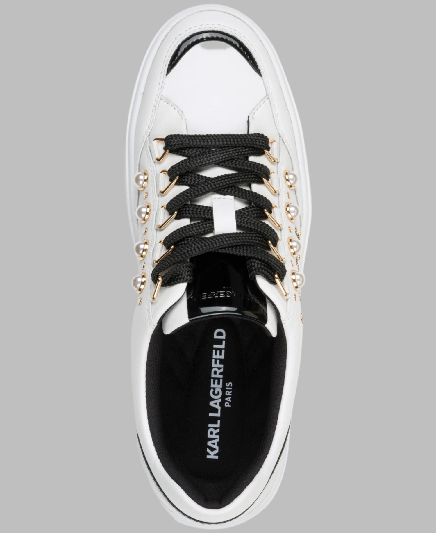 Sneaker Karl trắng phối đen đính ngọc trai KL351025