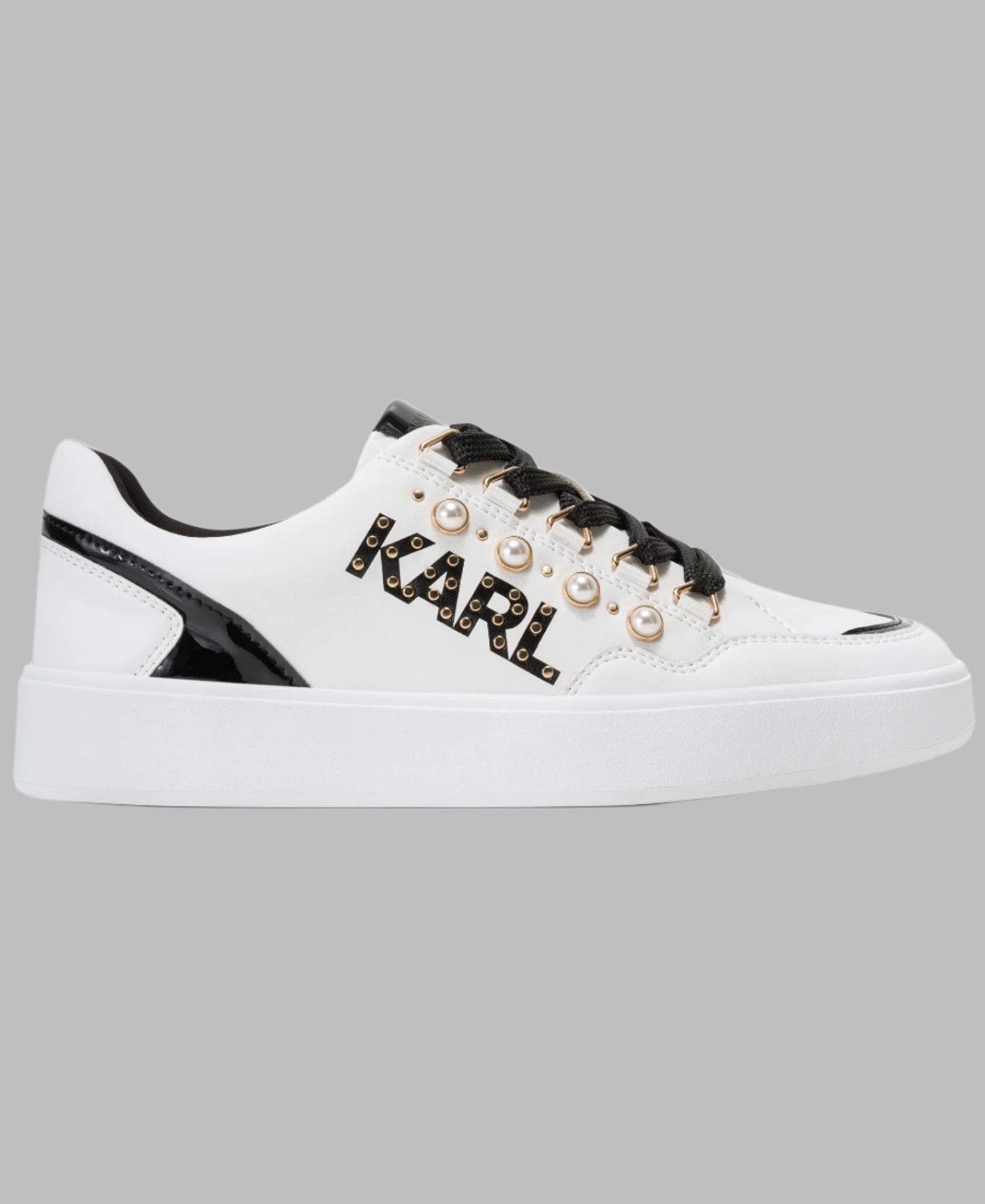 Sneaker Karl trắng phối đen đính ngọc trai KL351025